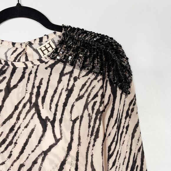 Haute Hippie Small S Silk Zebra Printed Long Sleeve Blouse Sequin Buff Black - Picture 4 of 15